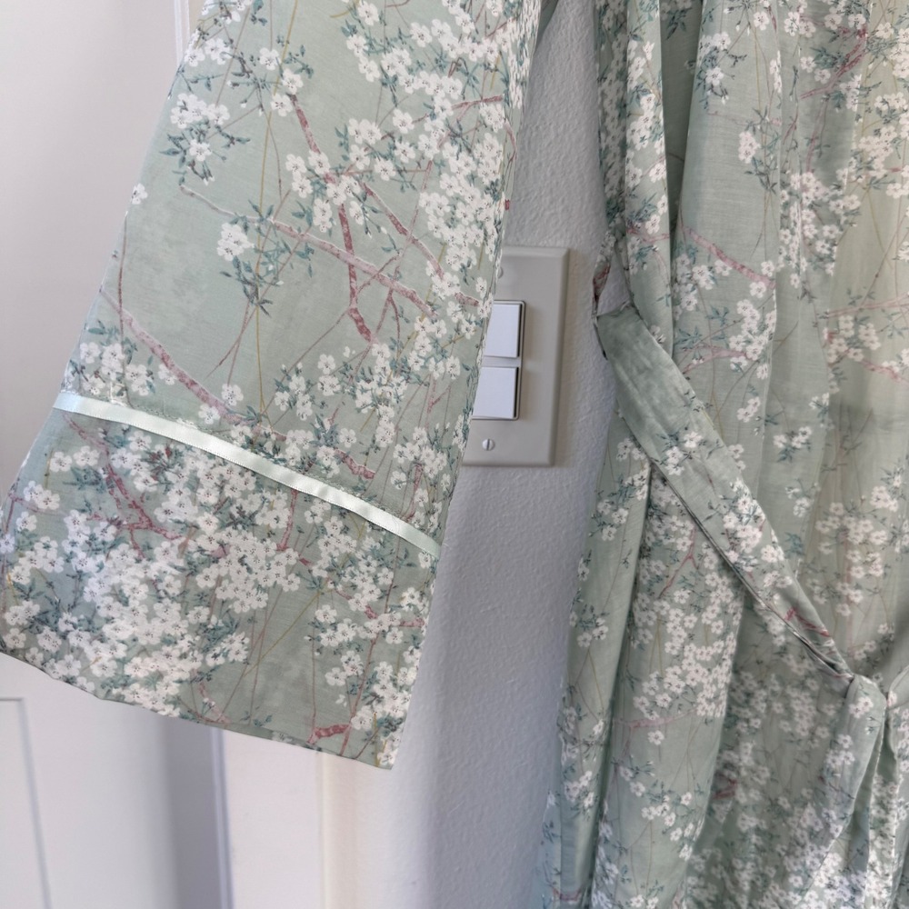 NEW Papinelle Teal Cherry Blossom Maxi Robe Cotton Silk Lace Trim Floral Medium - Picture 7 of 14
